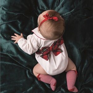 🎄Mudpie Baby Girl Peter Pan Tartan Christmas Bubble Romper 0-3 3-6 months
